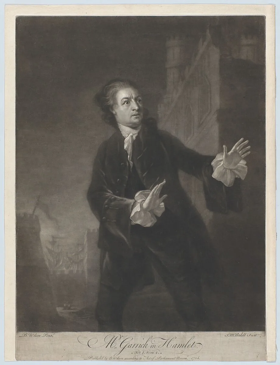 Mr. Garrick in Hamlet, Act 1, Scene 4 — Benjamin Wilson|James McArdell|Benjamin Wilson|David Garrick|William Shakespeare