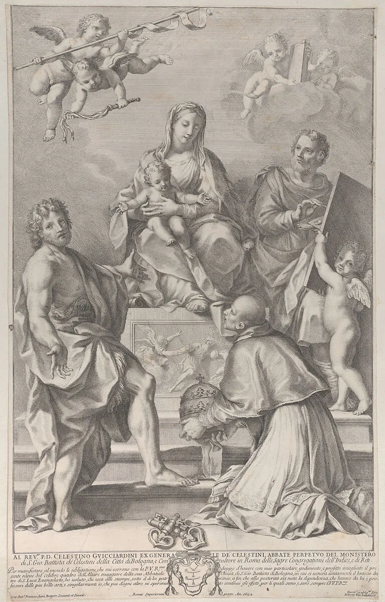 Madonna and Child at center with Saint John the Baptist, Saint Luke, Pope Peter Celestini, and angels — Marcantonio Franceschini|Robert van Audenaerde
