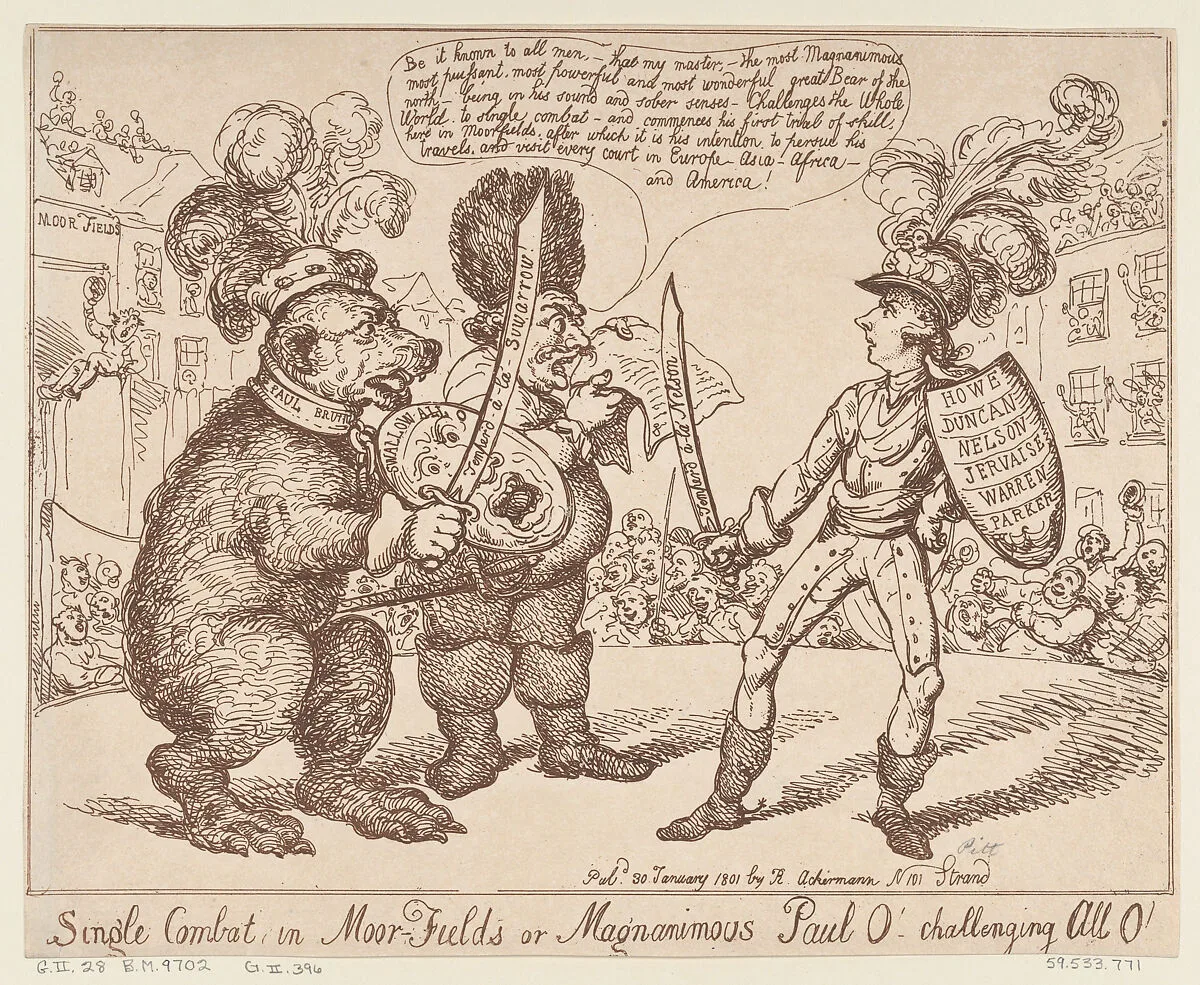 Single Combat in Moor-Fields or Magnamimous Paul O' challenging All O' — Thomas Rowlandson