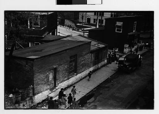 [Two 35mm Film Frames: School Children and Parked Car on Street, Ossining, New York]