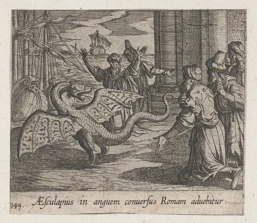 Plate 149: Aesculapius as a Serpent, Among the Romans (AEsculapius in anguem conversus Roman advehitur), from Ovid's 'Metamorphoses'