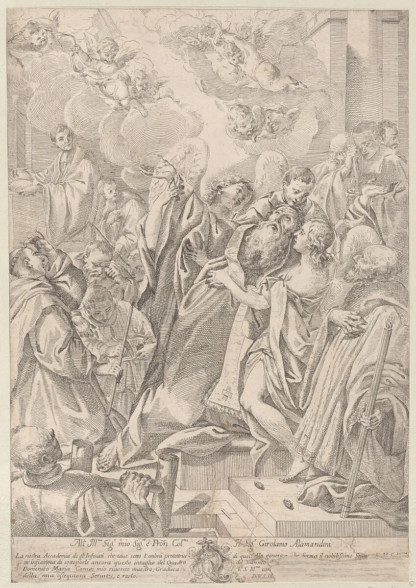 A saint at right, Saint John Nepomuk (?), surrounded by figures, raising his hands towards angels at upper left — Domenico Maria Canuti|Anonymous
