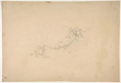 Three putti holding aloft a garland