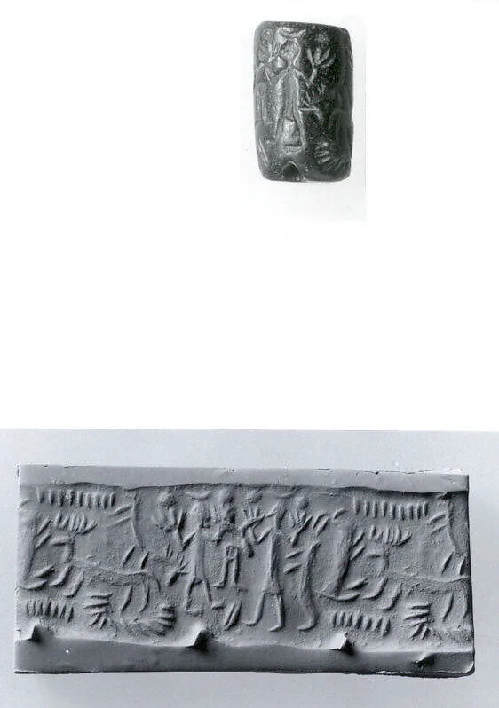Cylinder seal and modern impression: two humans and two animals — Unknown