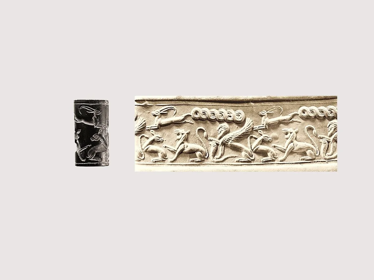 Cylinder seal and modern impression: animal combat and sphinx — Unknown