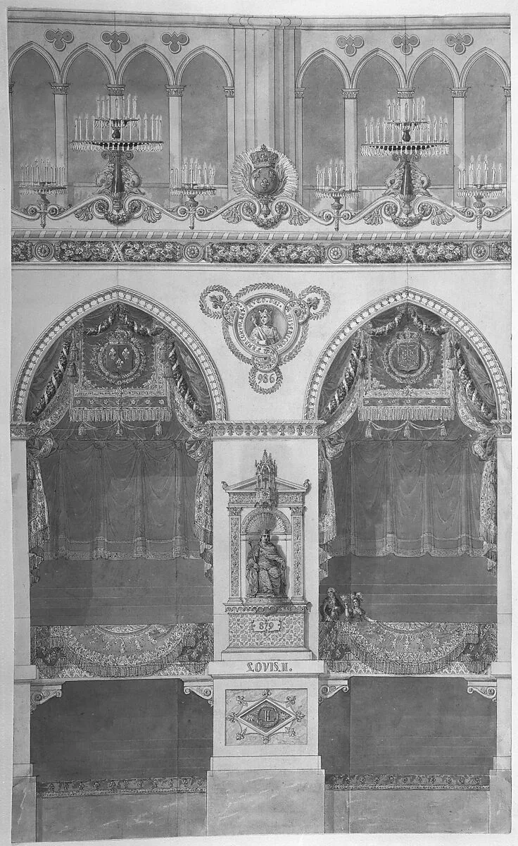 Interior Elevation of Reims Cathedral with a Statue of King Louis II — Charles Percier|Pierre François Léonard Fontaine