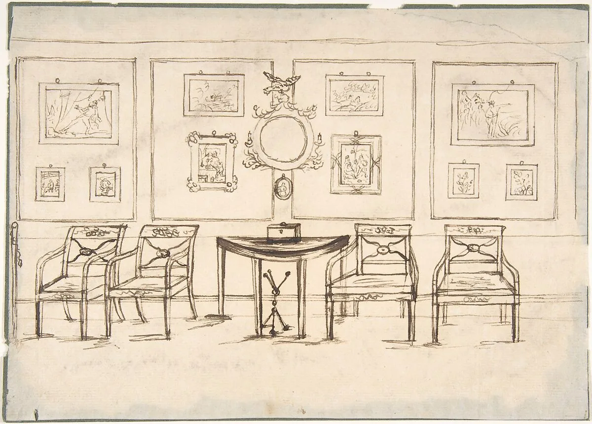 Interior with Four Armchairs, a Round Mirror, Demilune Table and Framed Prints or Drawings — Anonymous, British, late 18th century