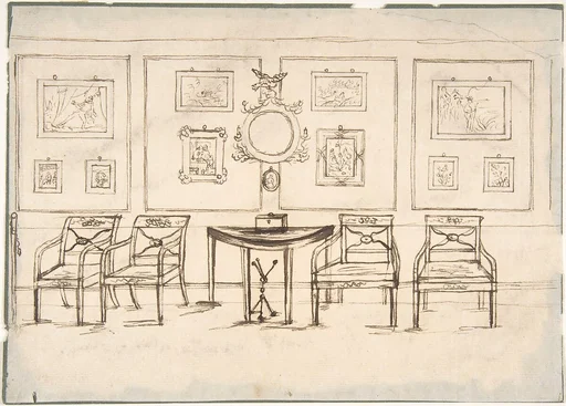 Interior with Four Armchairs, a Round Mirror, Demilune Table and Framed Prints or Drawings