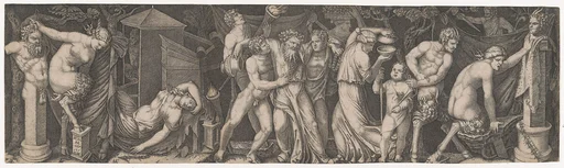 A Bacchanal, Silenus supported by two bacchants in the centre, at left a female satyr reclining on a bed and another holding onto the horns on a statue of Priapus while she tries to impale herself on his phallus, various other figures fill the composition