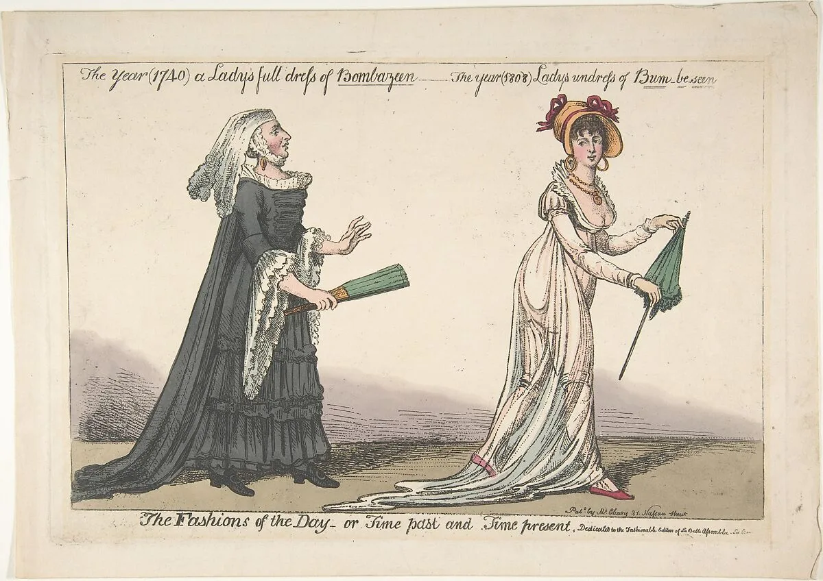 The Fashions of the Day – or Time Past and Time Present: The Year (1740) a Lady's Full Dress of Bombazeen – The Year (1808) Lady's Undress of Bum-be-seen — William McCleary|Anonymous, Irish, 19th century|George Murgatroyd Woodward