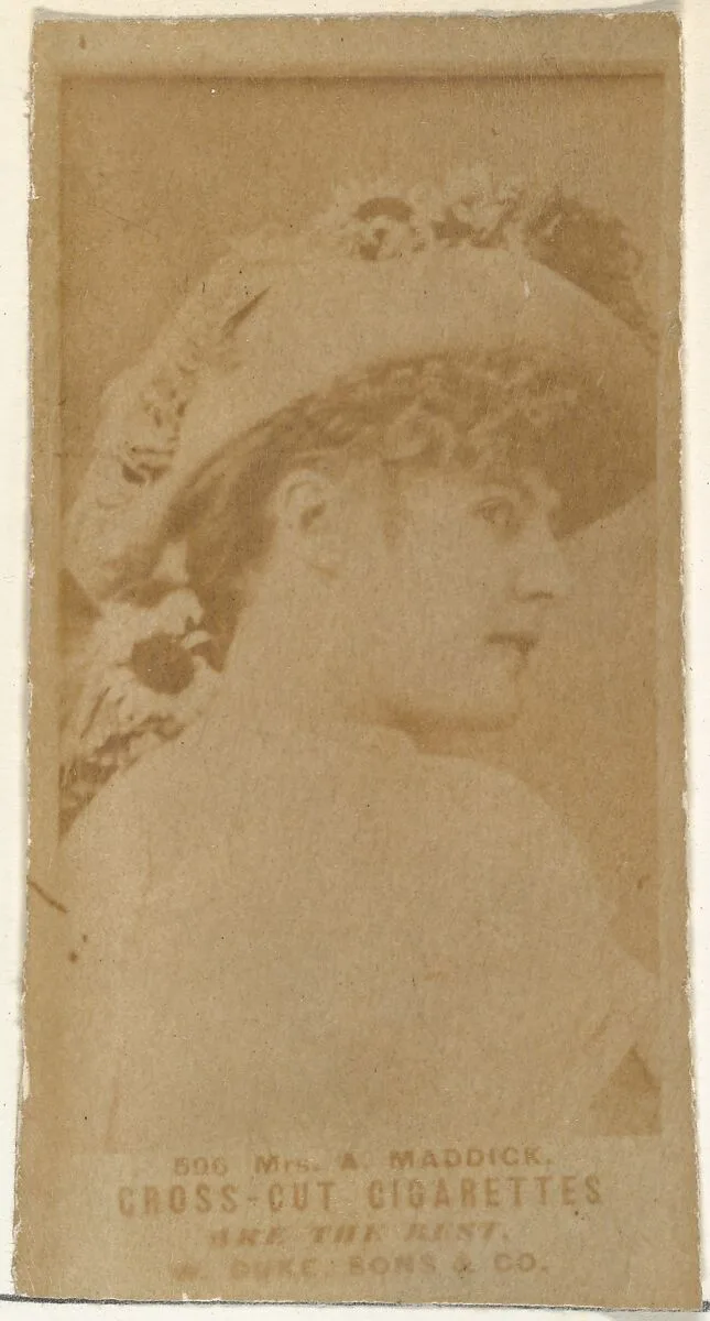 Card Number 596, Mrs. A. Maddick, from the Actors and Actresses series (N145-3) issued by Duke Sons & Co. to promote Cross Cut Cigarettes — W. Duke, Sons & Co.