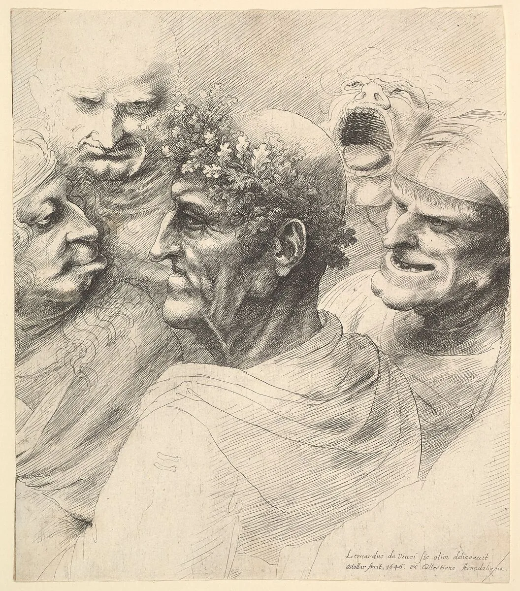 Five grotesque heads, including an elderly man with an oak leaf wreath — Leonardo da Vinci|Wenceslaus Hollar|Thomas Howard, 14th Earl of Arundel (British, 1585–1646) and Aletheia Talbot, Countess of Arundel (British, ca. 1590–1654), m. 1606