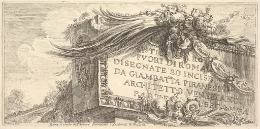 Frontispiece to "Roman Antiquities outside Rome drawn and etched by Giambat'ta Piranesi, Venetian Architect Part Two" (ANTCHITÀ ROMANE FUORI DI ROMA DISEGNATE ED INCISE DA GIAMBAT'TA PIRANESI, ARCHITETTO VENEZIANO, PARTE SECONDA)