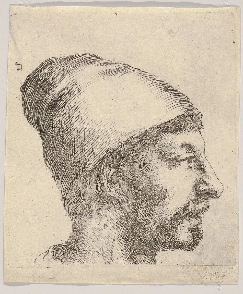 Plate 38: head of a man with a moustache and cap, facing right in profile, from 'Various portraits' (Recueil de diverses pièces servant à l'art de portraiture) — Stefano della Bella
