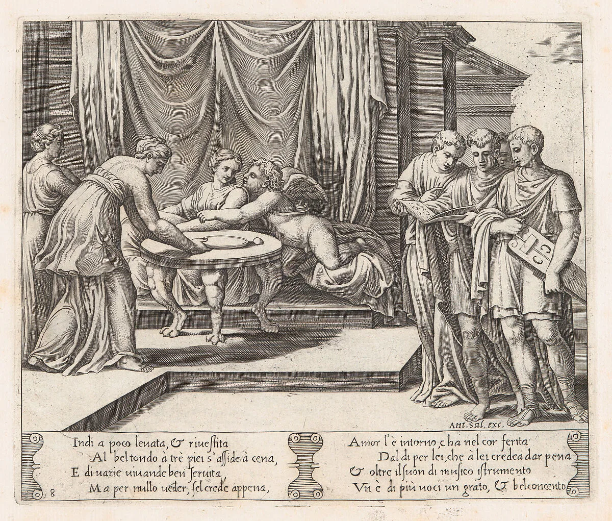 Plate 8: Psyche seated at a table attended by invisible servants, as Cupid rests his head on her shoulder, at right four men standing singing from an open book, one playing a lute, from "The Story of Cupid and Psyche as told by Apuleius" — Antonio Salamanca|Master of the Die|Michiel Coxie (I)