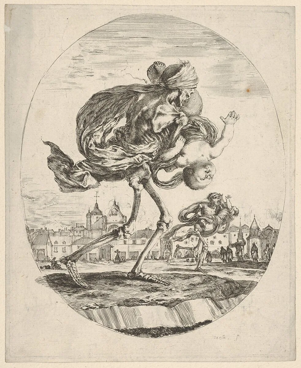 Death walking towards the right and carrying an infant upside down, another figure of Death to right in the middleground, the mass grave of Saints-Innocents in Paris in the background, from 'The five deaths' (Les cinq Morts) — Stefano della Bella