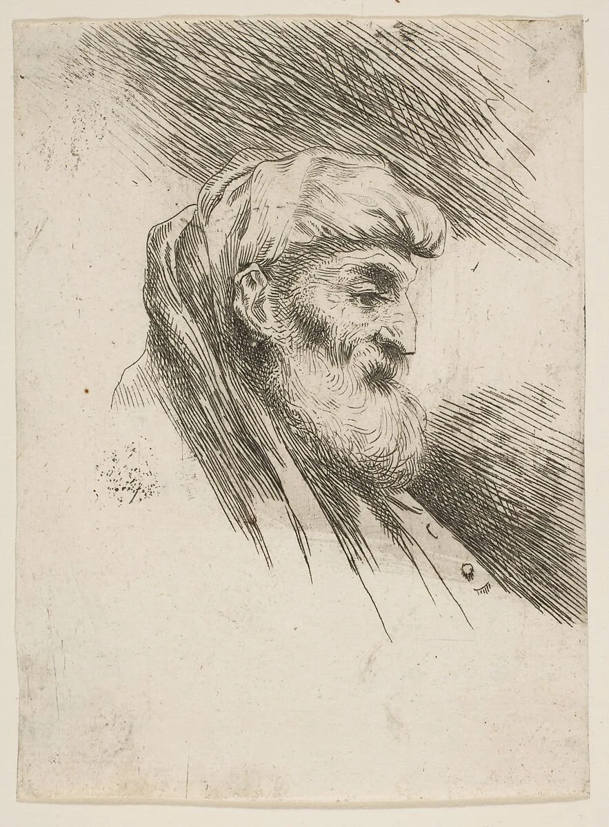 Head of an old bearded man facing right, from "Small Heads in Oriental Headdress" — Giovanni Benedetto Castiglione (Il Grechetto)