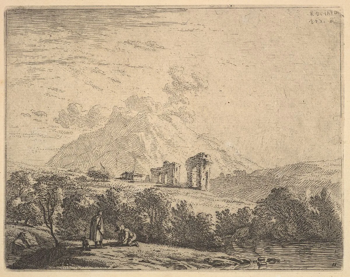 View of hillside with ruins (an aqueduct?) and mountain crag beyond, in the foreground a man kneels on the grass beside a standing man and a dog — Karel Dujardin