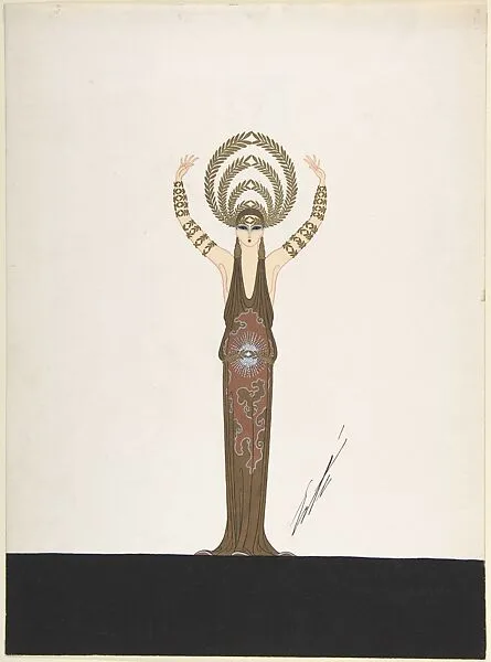 "Le Gloire" Gold Costume Design with Olive Branch Headdress and Armlets for "L'Or," Ziegfield Follies — Erté (Romain de Tirtoff)