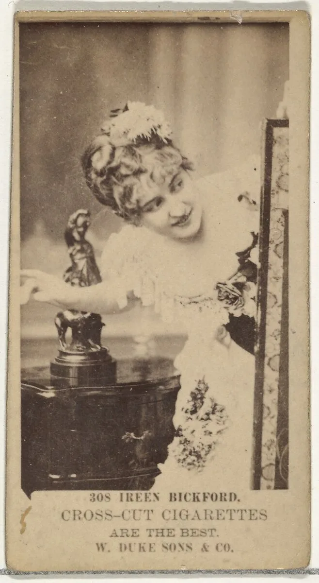Card Number 308, Ireen Bickford, from the Actors and Actresses series (N145-3) issued by Duke Sons & Co. to promote Cross Cut Cigarettes — W. Duke, Sons & Co.
