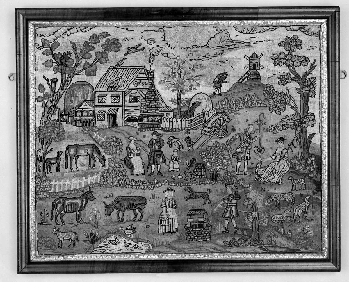 Embroidered picture with farmyard scene — Unknown