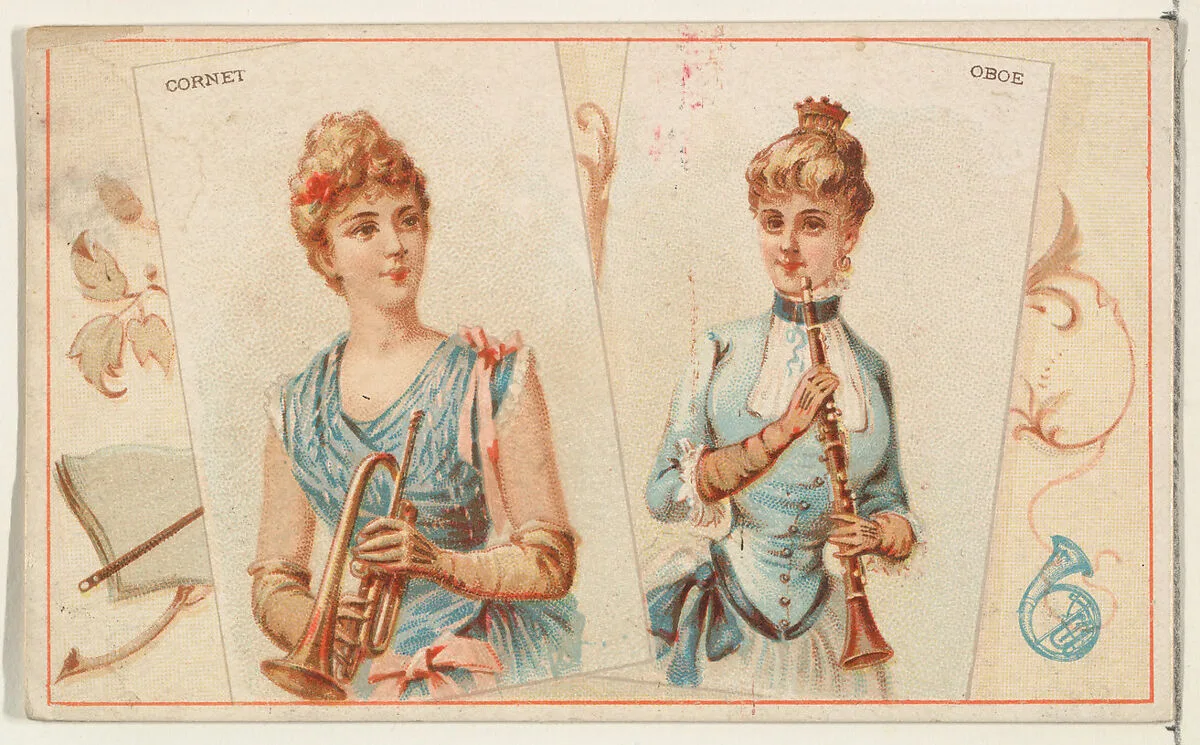 Cornet and Oboe, from the Musical Instruments series (N121) issued by Duke Sons & Co. to promote Honest Long Cut Tobacco — W. Duke, Sons & Co.|Schumacher & Ettlinger