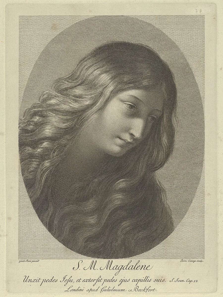 The head of Mary Magdalene looking down to the right, in an oval frame, after Reni — Guido Reni|Domenico Cunego