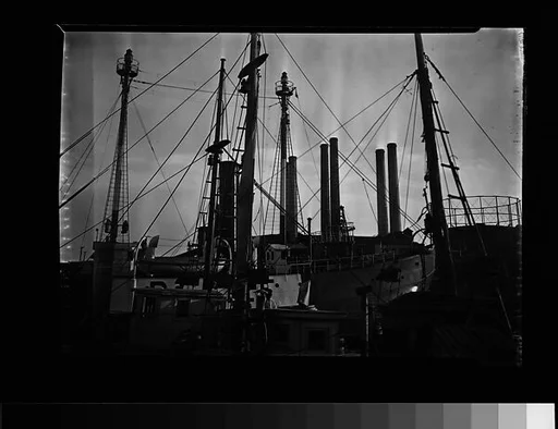 [Port Scene of Ships' Masts, Rigging, and Factory Smokestacks, New York City]