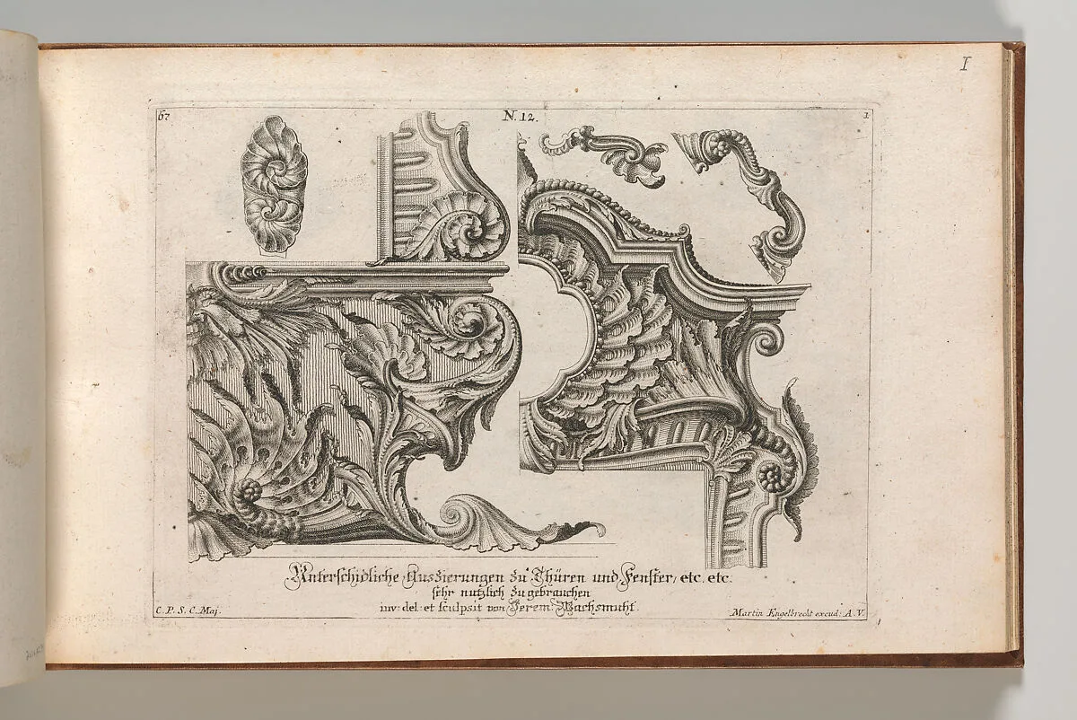 Suggestion for the Decoration of the Lower and Top Right of a Frame, Plate 1 from: 'Unterschidliche Auszierungen zu Thüren und Fenster, etc. etc. sehr nutzlich zu gebrauchen' — Martin Engelbrecht|Jeremias Wachsmuth