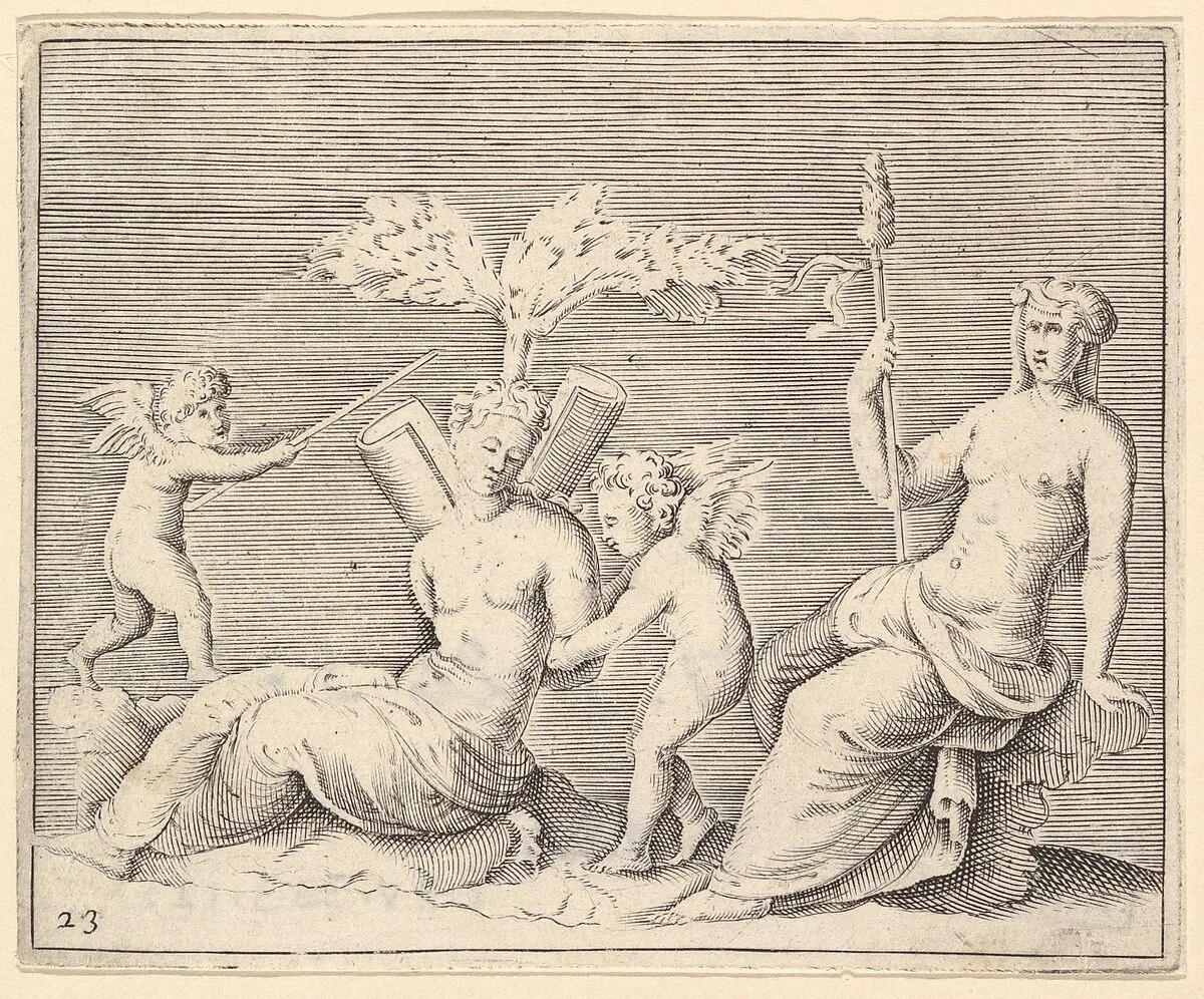 Two Women and Two Cupids, from "Ex Antiquis Cameorum et Gemmae Delineata/ Liber Secundus/et ab Enea Vico Parmen Incis" — Francesco Angeloni|Battista Franco|Philippe Thomassin|Enea Vico|Anonymous, Italian, 16th century