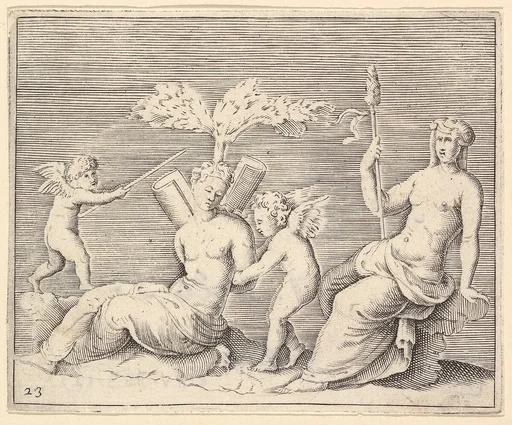 Two Women and Two Cupids, from "Ex Antiquis Cameorum et Gemmae Delineata/ Liber Secundus/et ab Enea Vico Parmen Incis"