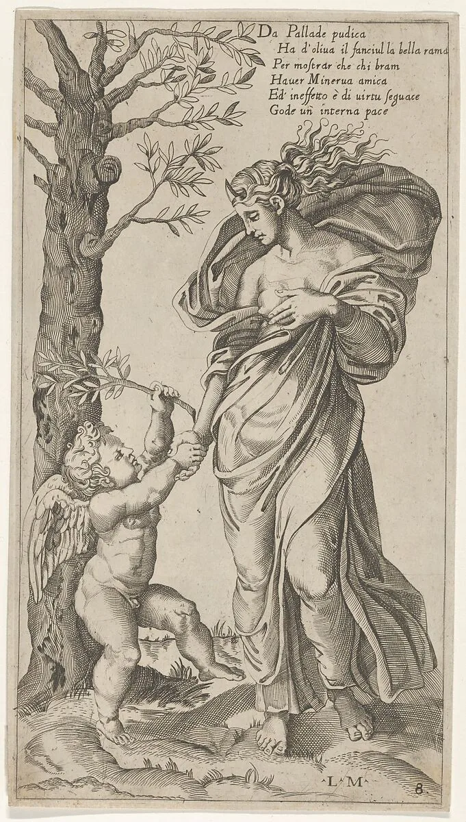 An allegory of Peace; Peace personified as a woman standing in a landscape holding the left hand of a winged genius — Lorenzo de Musi|Marcantonio Raimondi