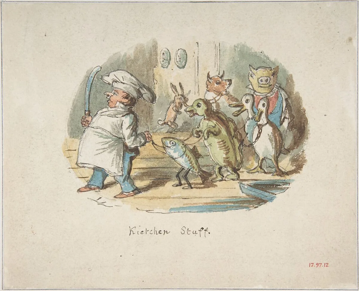 Kitchen Staff (recto); Mountainous Landscape with Hiker (verso) — John Leech