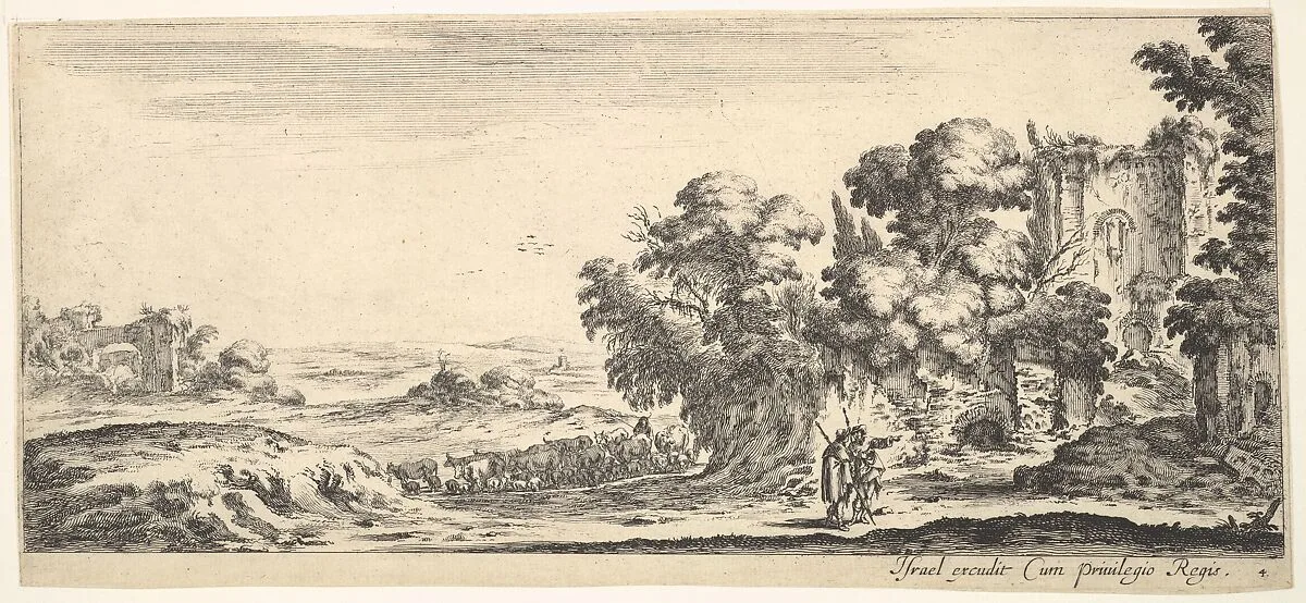 Plate 4: two pilgrims observing ruins to right, one pointing towards the right, a shepherd and a herd of cattle in center background, from 'Various landscapes' (Divers paysages) — Stefano della Bella|Israël Henriet