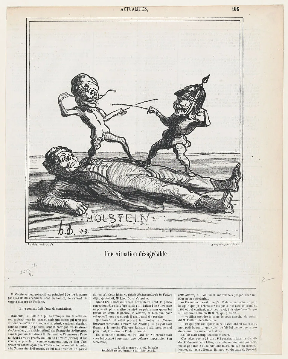 An uncomfortable situation, from 'News of the day,' published in Le Charivari, June 5, 1866 — Arnaud de Vresse|Destouches|Honoré Daumier