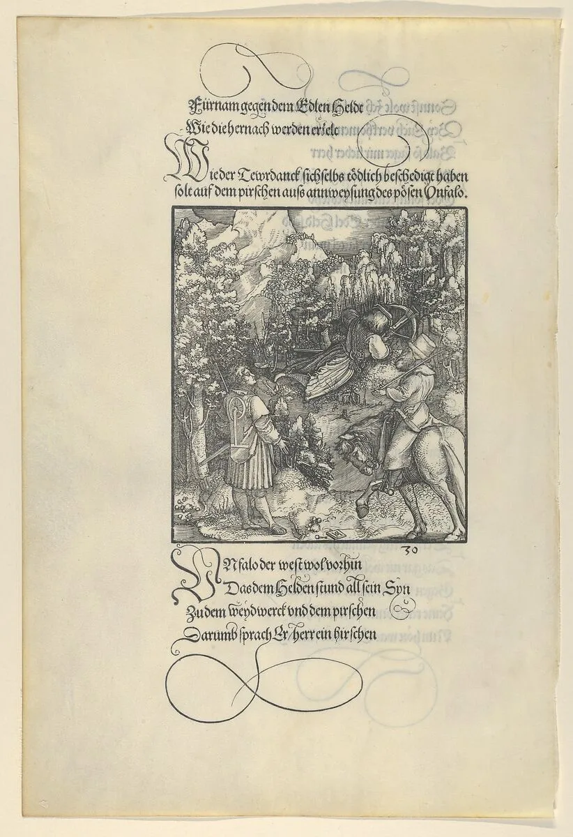 Unfalo Causing Theuerdanck to Fall into a Trap during a Hunt, from Theuerdanck — Hans Schäufelein