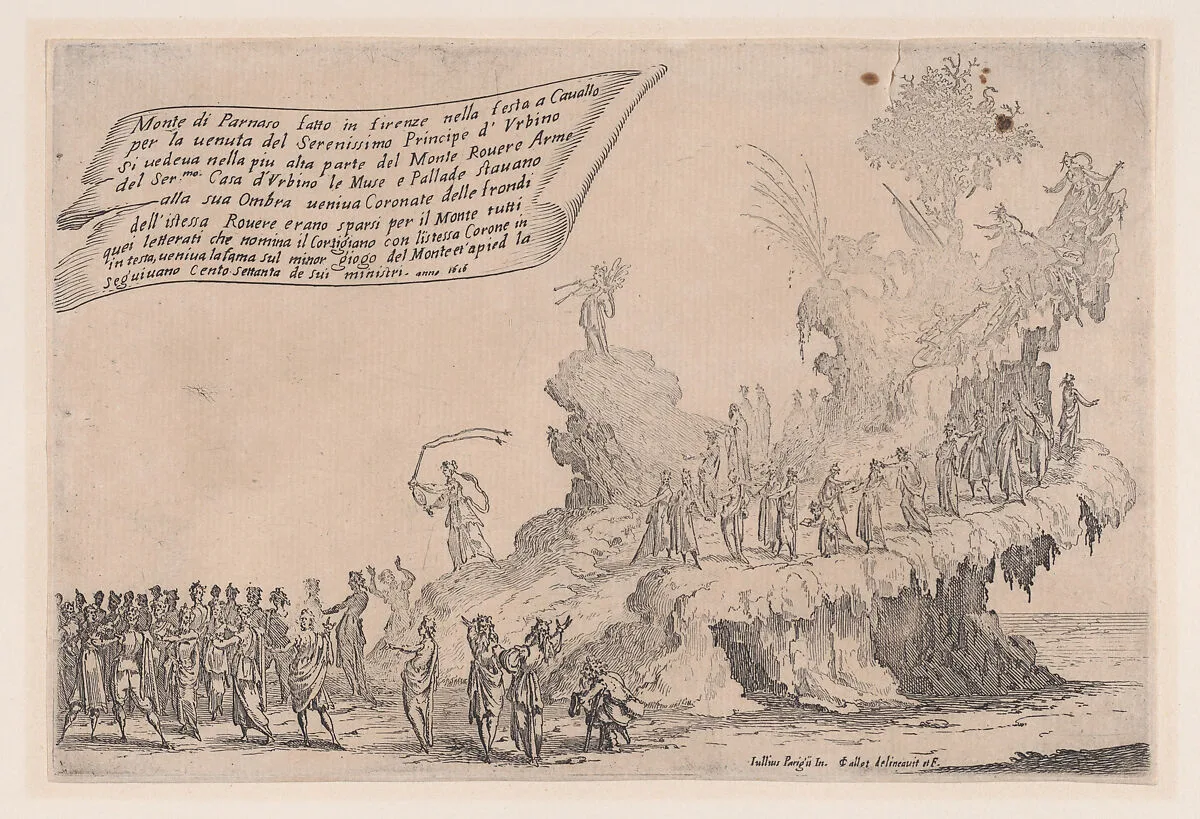 Le Char du Mont Parnasse (The Chariot of Mount Parnassus), from Guerre de Beauté (Guerra di Bellezza) (War of Beauty) — Jacques Callot|Giulio Parigi