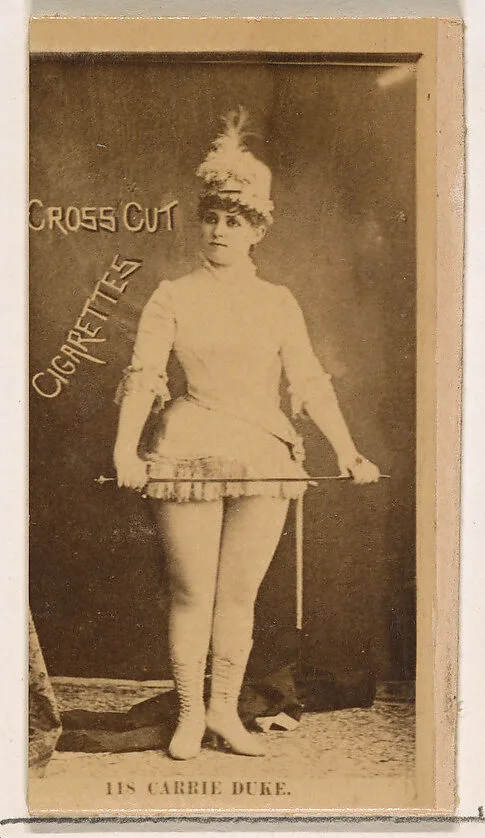 Card Number 118, Carrie Duke, from the Actors and Actresses series (N145-2) issued by Duke Sons & Co. to promote Cross Cut Cigarettes — W. Duke, Sons & Co.