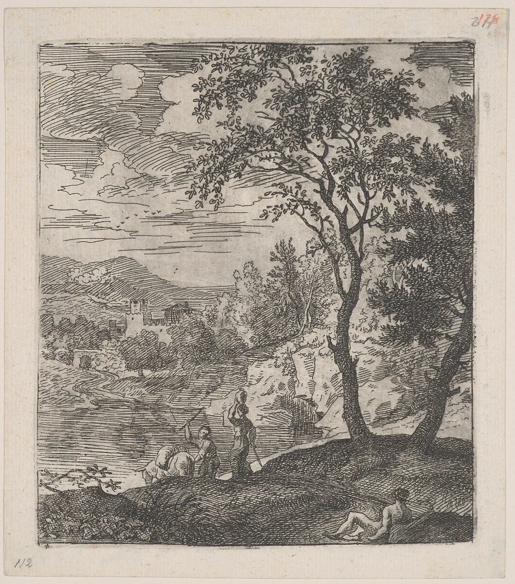 Plate 4: a peasant with a donkey on a riverbank, a woman walking towards him with a vase on her head, and a reclining figure at right in the foreground, from 'Landscapes in the manner of Gaspar Dughet' — Franz Joachim Beich