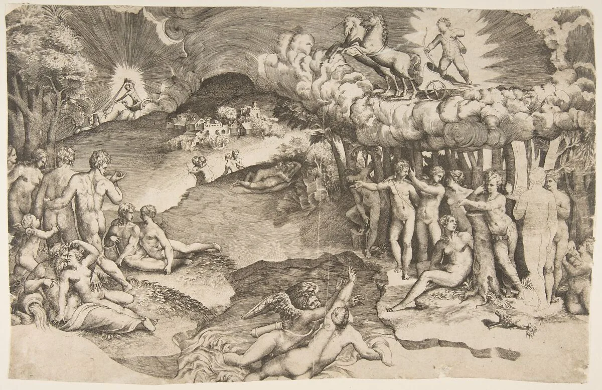 The triumph of love, cupid riding a chariot drawn by unicorn is in the upper right, naked figures fill the composition; a proof impression — Giulio Bonasone