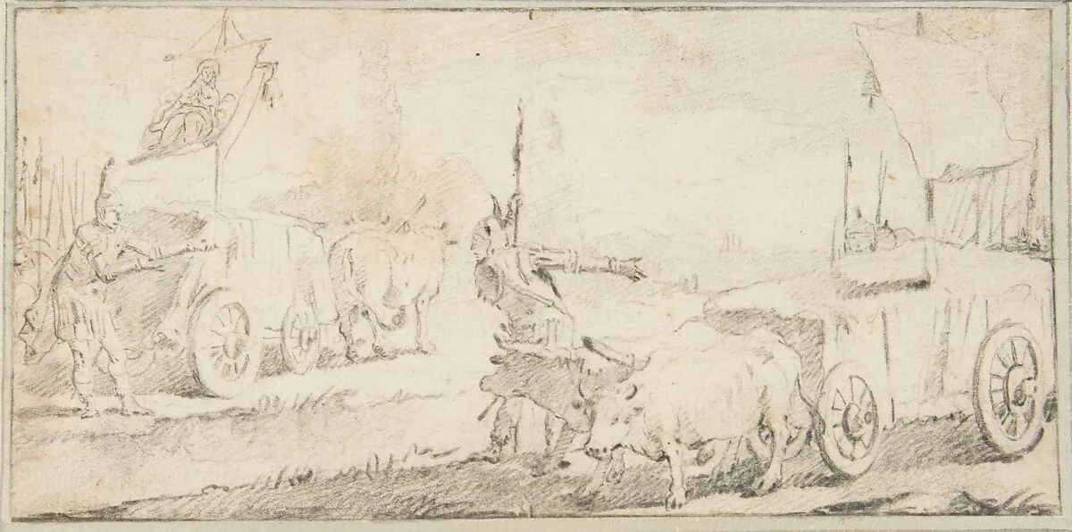 Illustration for a Book: Soldiers Driving Ox Carts with Banners — Giovanni Battista Tiepolo