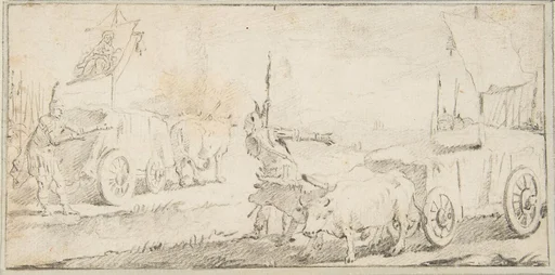 Illustration for a Book: Soldiers Driving Ox Carts with Banners
