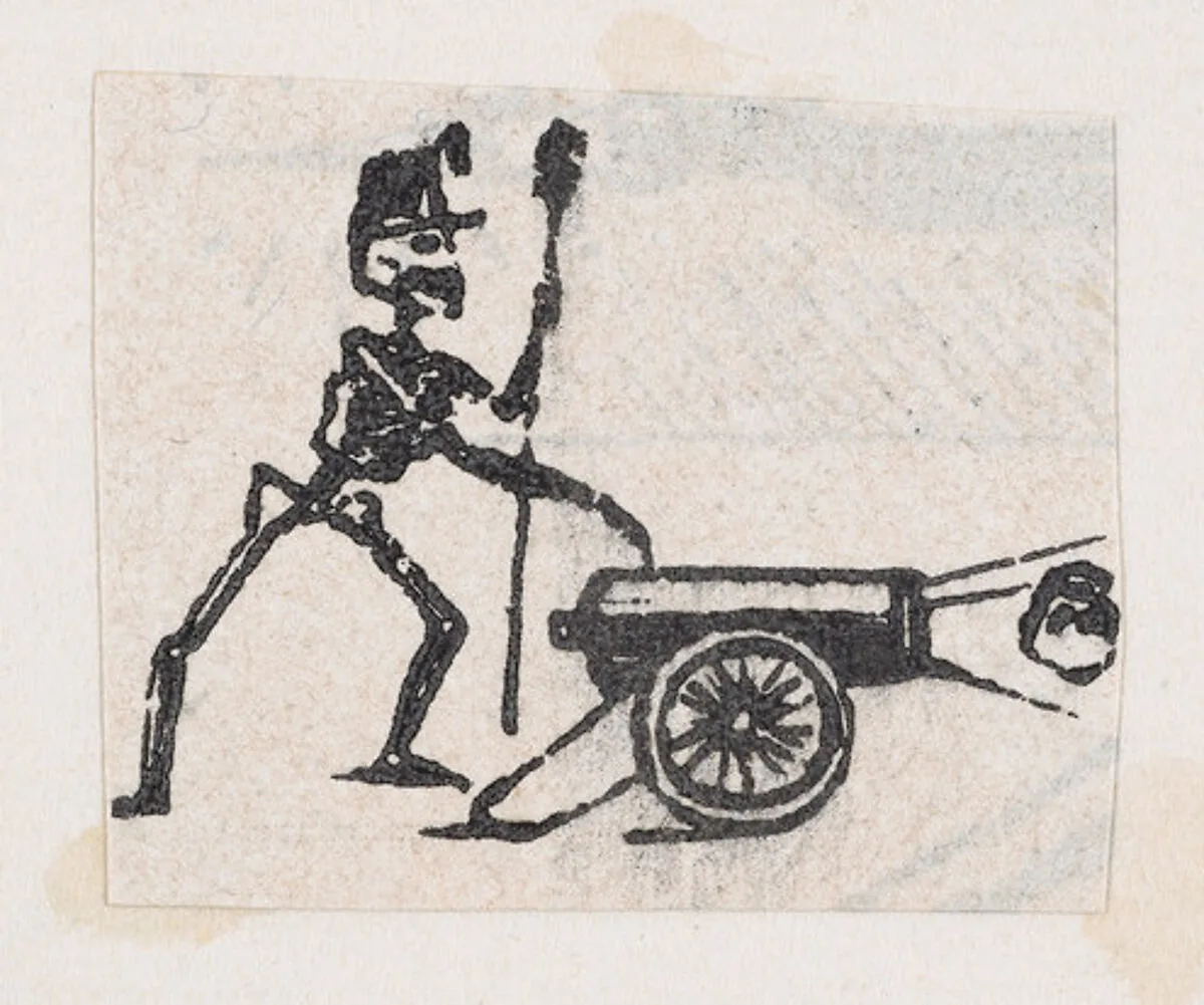 Skeleton firing a canon, from a broaside entitled 'De este famoso hipodromo en la pista, no faltara ni un solo periodista', published by Antonio Vanegas Arroyo. — José Guadalupe Posada