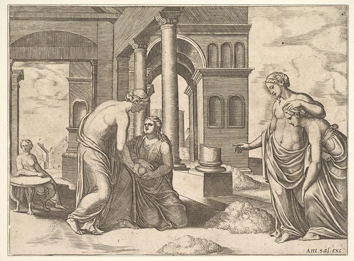 Plate 22: Venus ordering Psyche to Sosort a heap of grain, from the 'Fable of Psyche' — Master of the Die|Antonio Salamanca
