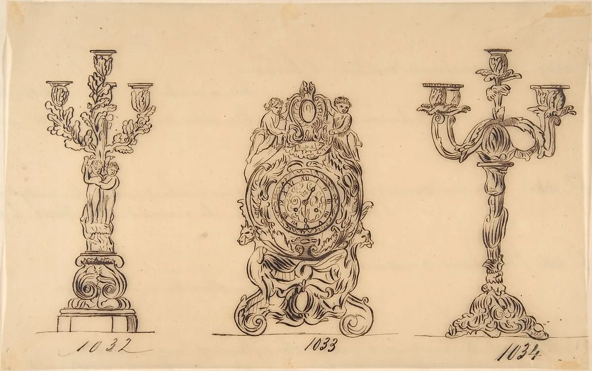Designs for a Clock and Two Candelabras — Anonymous, French, 19th century
