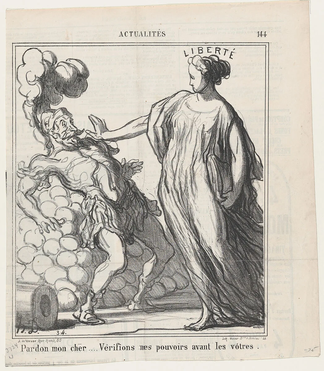 Pardon my friend..... let's verify my powers before yours!, from 'News of the day,' published in Le Charivari, July 16, 1869 — Walter Frères|Arnaud de Vresse|Honoré Daumier
