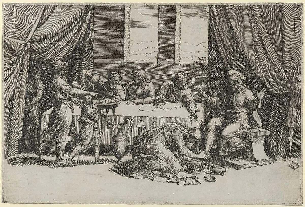 Christ at the table of Simon the Pharisee, Mary Magdalene washing his feet with her hair — Marcantonio Raimondi|Raphael (Raffaello Sanzio or Santi)|Perino del Vaga (Pietro Buonaccorsi)