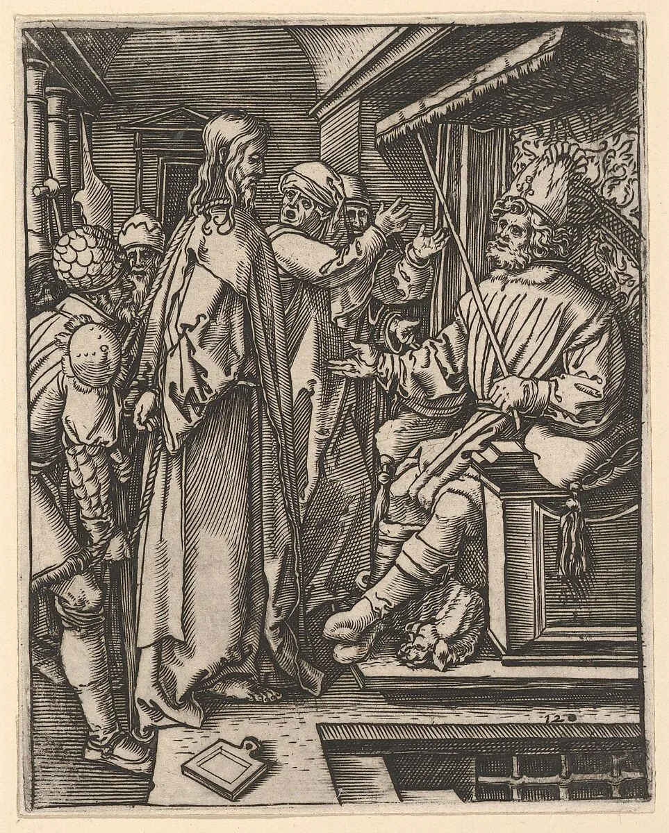 Christ standing, hands tied behind back, before Herod seated on throne, after Dürer — Marcantonio Raimondi|Albrecht Dürer