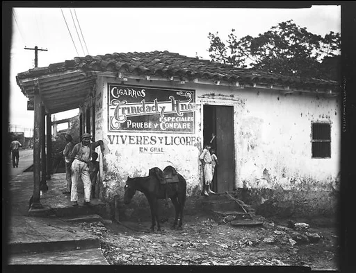 [General Store with People in Doorway and Pony Tied to Post, Havana Outskirts]