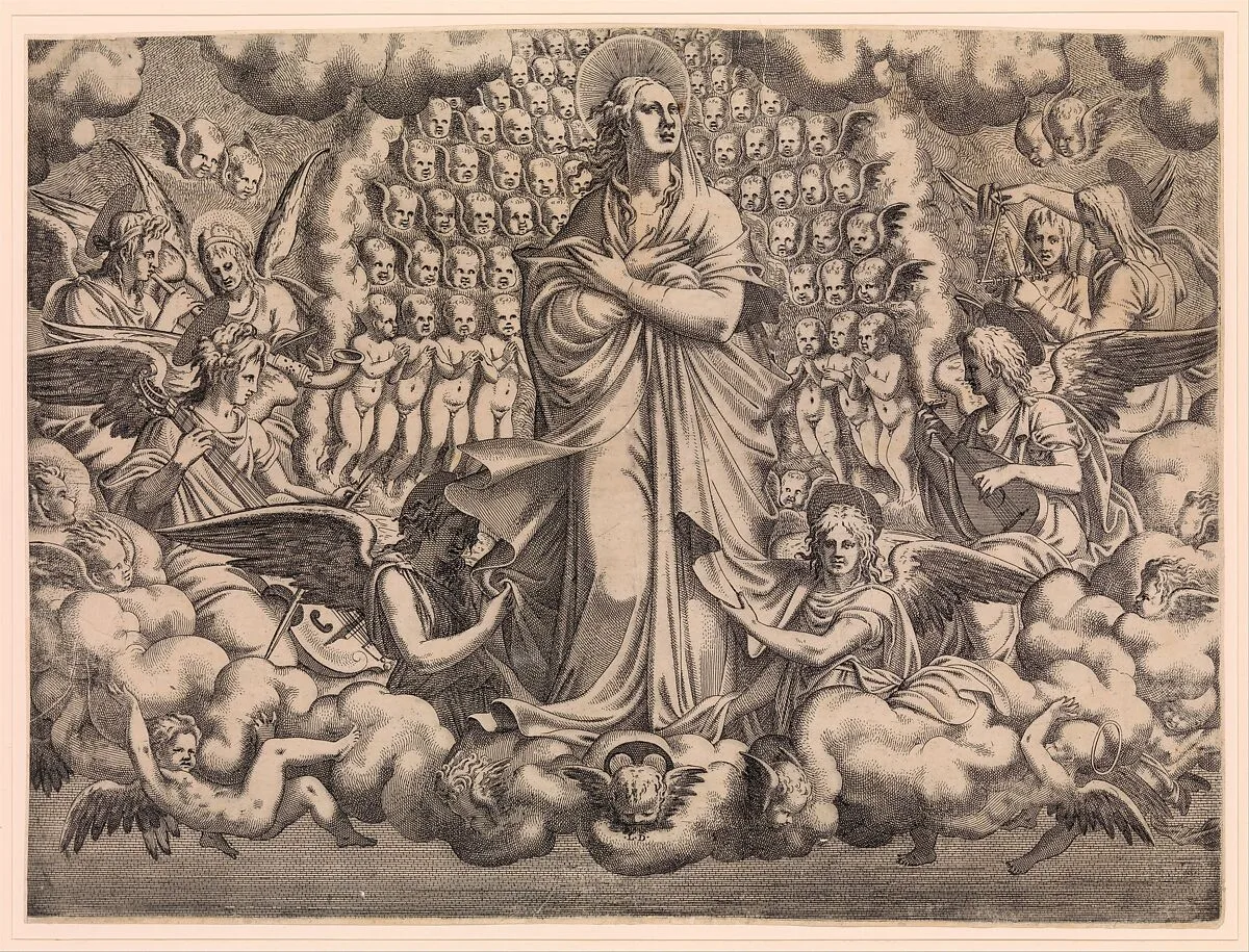 The Apostles looking at Christ and the Virgin in a Glory of Angels (top left plate) — Léon Davent|Giulio Romano
